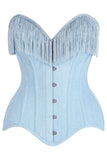 Daisy Corsets Top Drawer Light Blue Denim Steel Boned Overbust Corset w/Fringe - Daisy Corsets - Flyclothing LLC