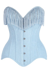 Daisy Corsets Top Drawer Light Blue Denim Steel Boned Overbust Corset w/Fringe