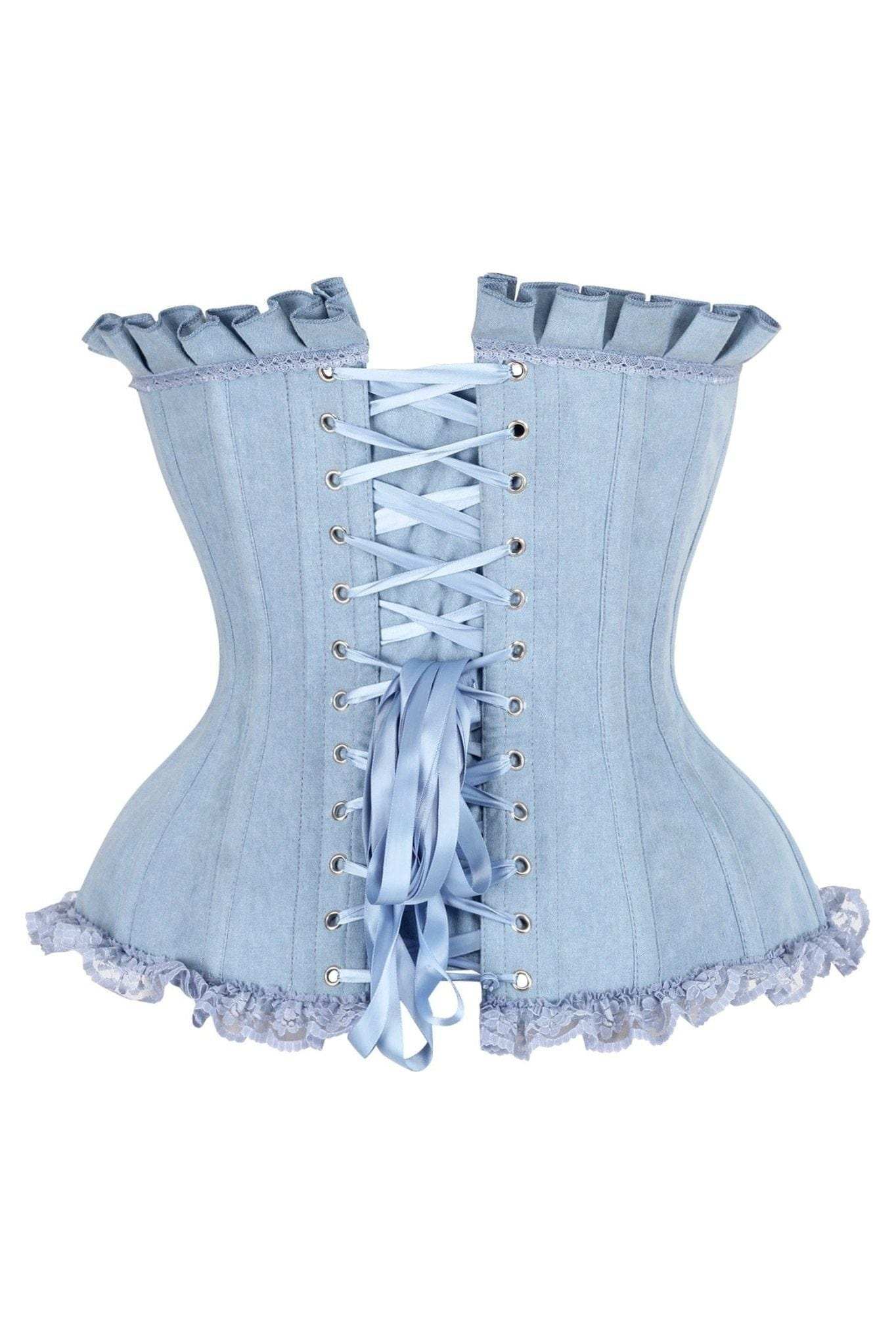 Daisy Corsets Top Drawer Light Blue Denim Underwire Steel Boned Burlesque Corset w/Bows - Daisy Corsets - Flyclothing LLC