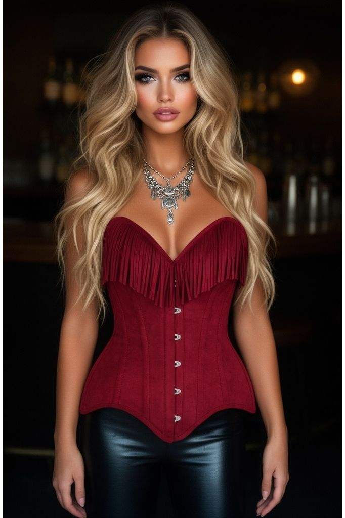 Daisy Corsets Top Drawer Red Suede Steel Boned Overbust Corset w/Fringe - Daisy Corsets