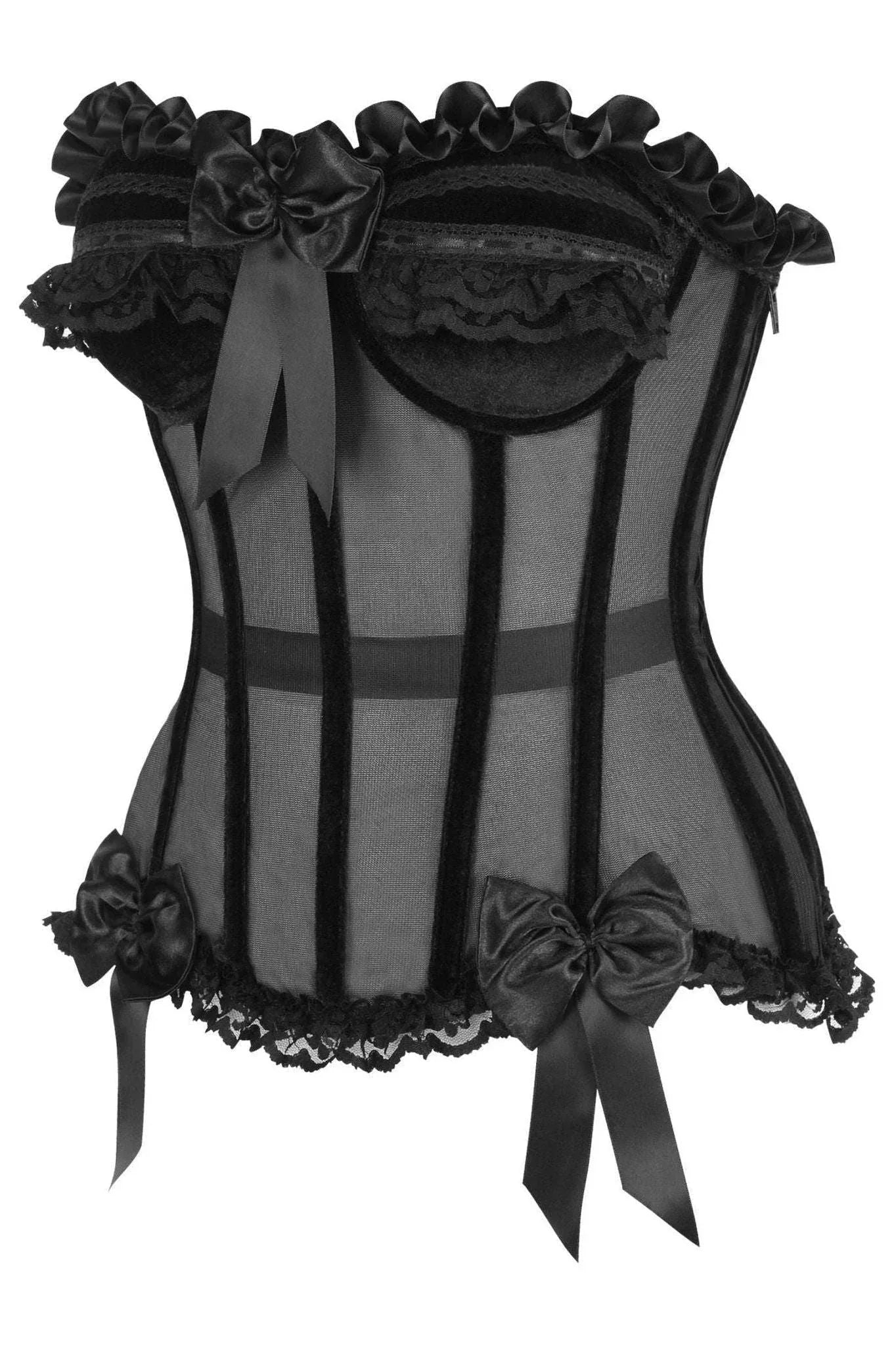 Top Drawer Steel Boned Black Mesh & Velvet Underwire Bustier Corset - Daisy Corsets - Flyclothing LLC