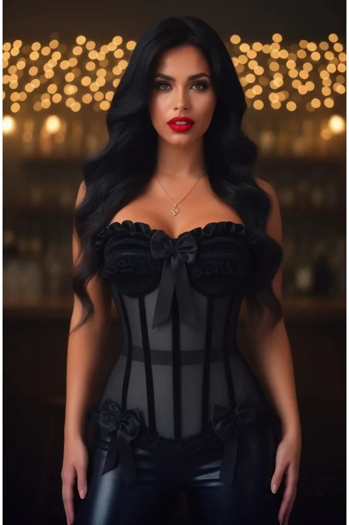Top Drawer Steel Boned Black Mesh & Velvet Underwire Bustier Corset - Daisy Corsets - Flyclothing LLC
