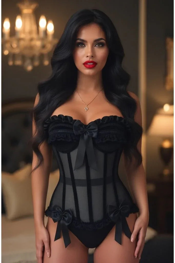 Top Drawer Steel Boned Black Mesh & Velvet Underwire Bustier Corset - Daisy Corsets - Flyclothing LLC
