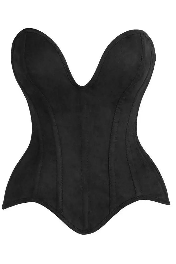 Top Drawer Steel Boned Black Suede Deep Plunge Overbust Corset Top - Daisy Corsets - Flyclothing LLC