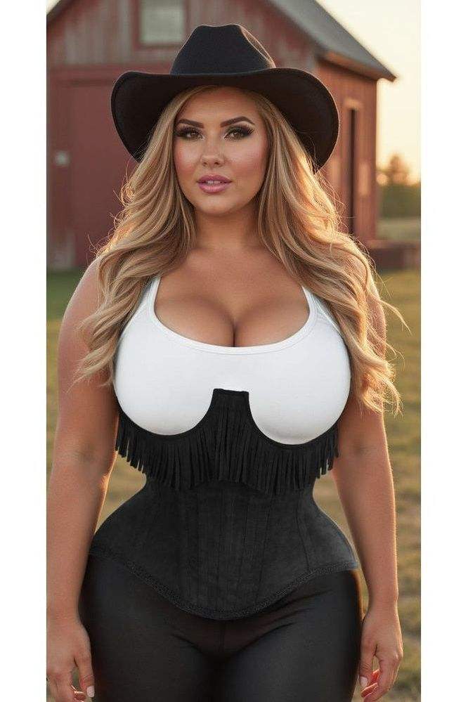 Daisy Corsets Top Drawer Steel Boned Black Suede Underwire Underbust Corset Cincher w/Fringe - Daisy Corsets