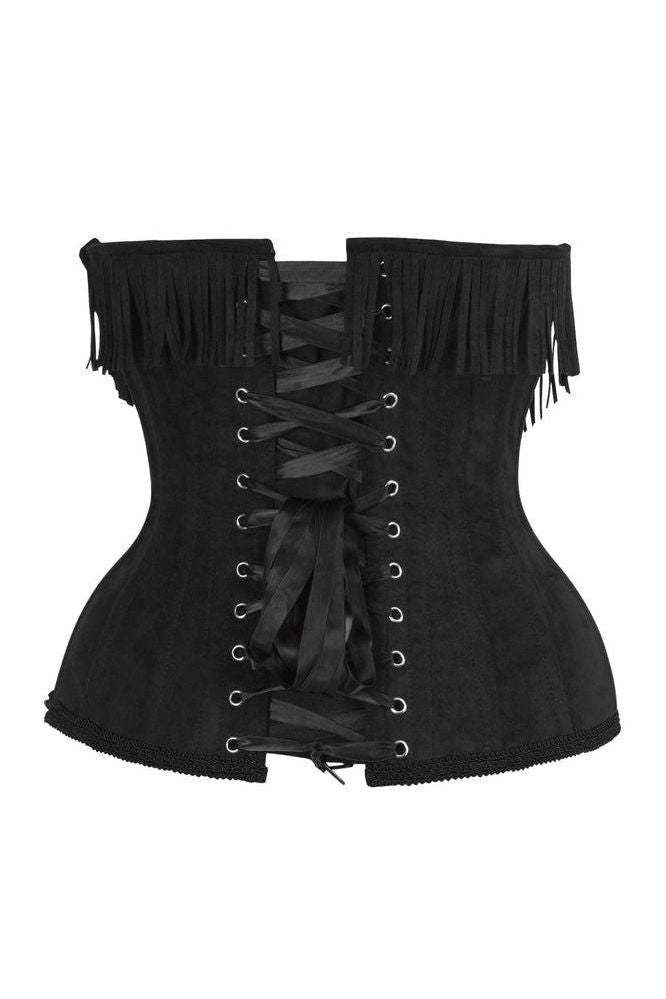 Daisy Corsets Top Drawer Steel Boned Black Suede Underwire Underbust Corset Cincher w/Fringe - Daisy Corsets