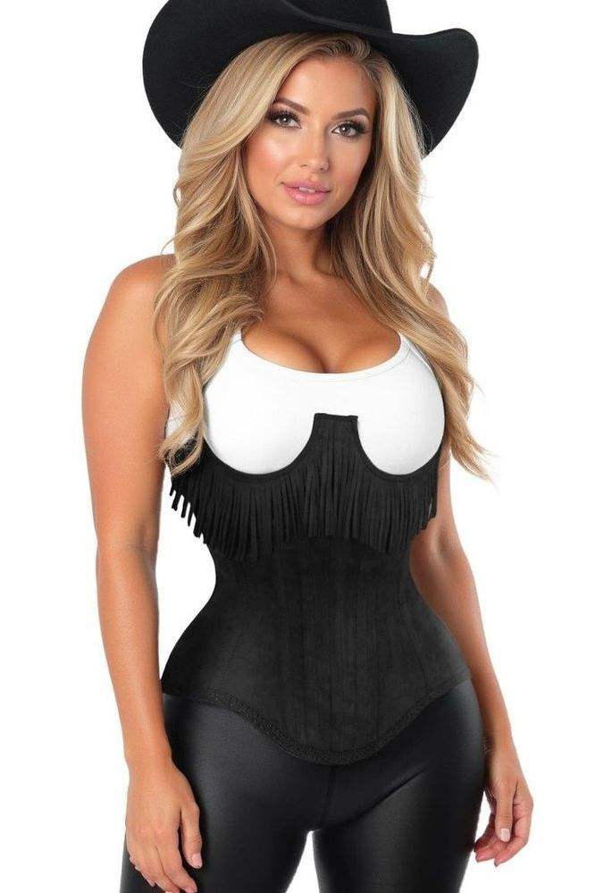 Daisy Corsets Top Drawer Steel Boned Black Suede Underwire Underbust Corset Cincher w/Fringe - Daisy Corsets