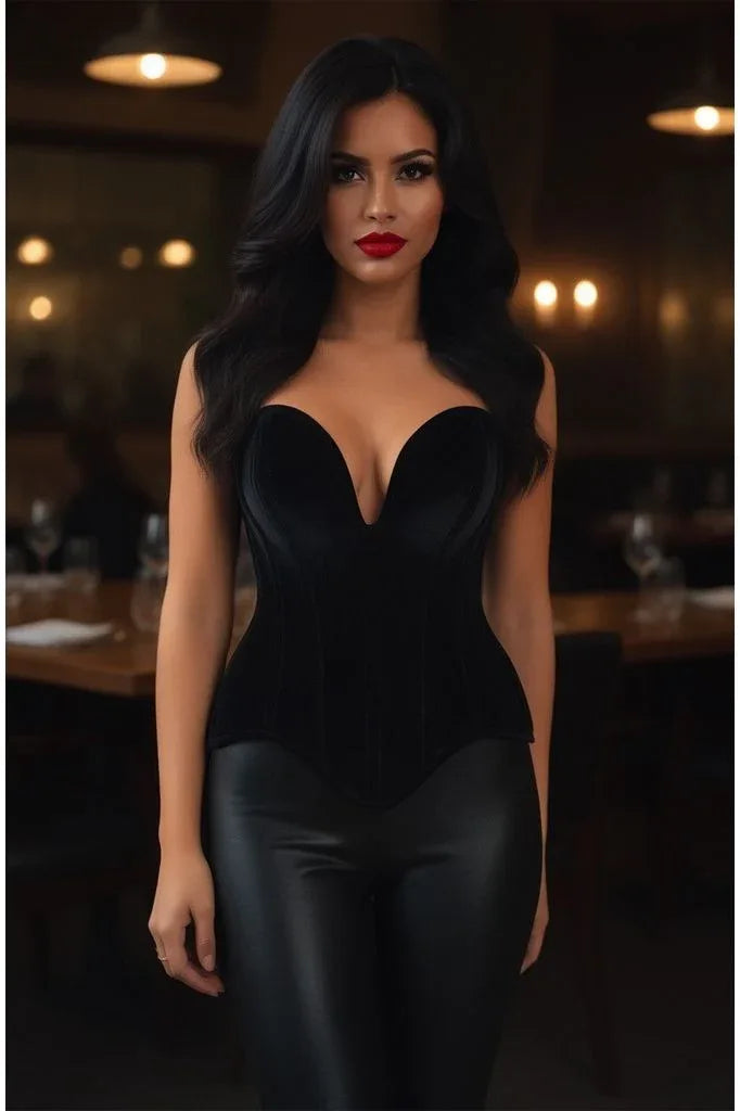 Top Drawer Steel Boned Black Velvet Plunge Neckline Overbust Corset - Daisy Corsets - Flyclothing LLC