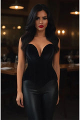 Top Drawer Steel Boned Black Velvet Plunge Neckline Overbust Corset - Daisy Corsets - Flyclothing LLC