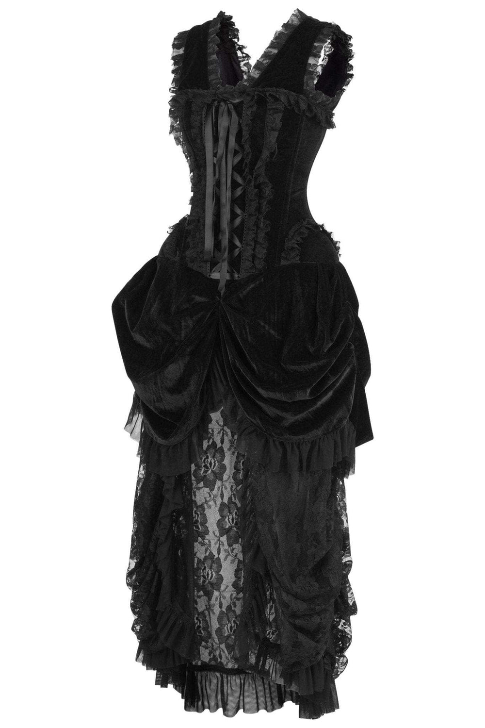 Daisy Corsets Top Drawer Steel Boned Black Velvet Victorian Bustle Corset Dress - Daisy Corsets - Flyclothing LLC