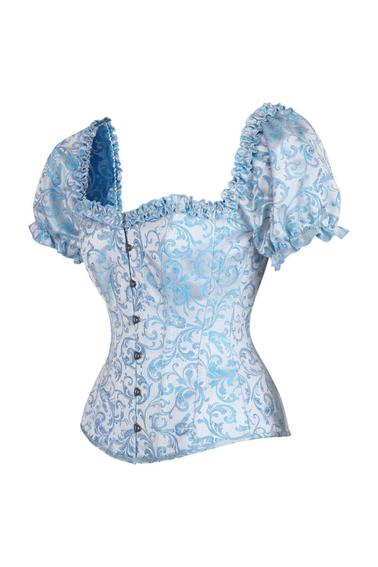 Daisy Corsets Top Drawer Steel Boned Blue Brocade Overbust Corset Top w/Sleeves