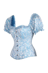 Daisy Corsets Top Drawer Steel Boned Blue Brocade Overbust Corset Top w/Sleeves