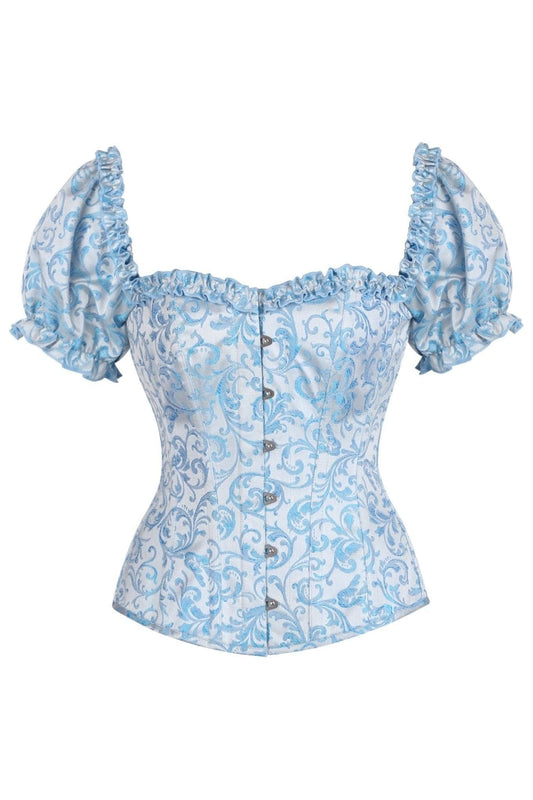 Daisy Corsets Top Drawer Steel Boned Blue Brocade Overbust Corset Top w/Sleeves