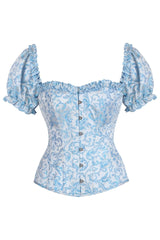 Daisy Corsets Top Drawer Steel Boned Blue Brocade Overbust Corset Top w/Sleeves