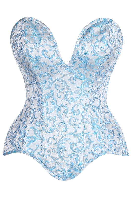 Daisy Corsets Top Drawer Steel Boned Blue Brocade Plunge Overbust Corset Top