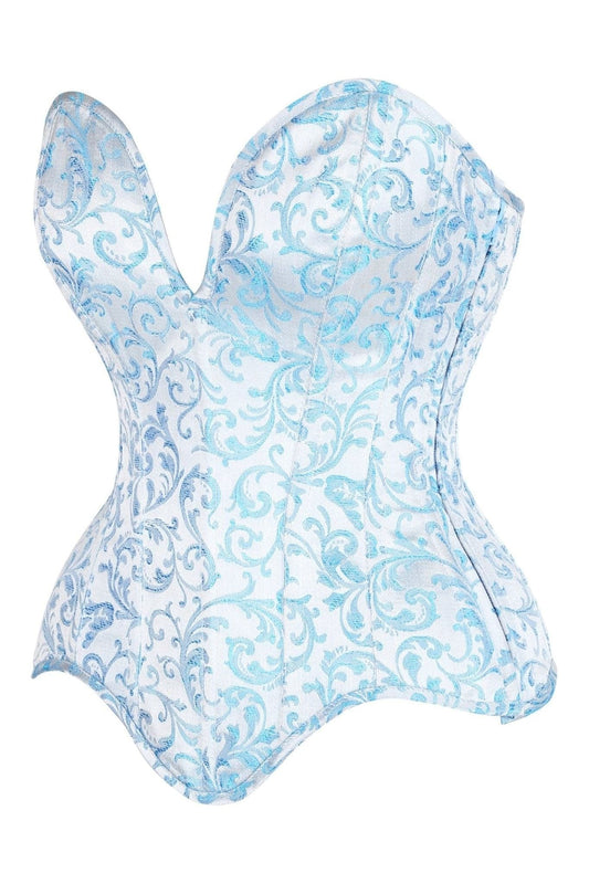 Daisy Corsets Top Drawer Steel Boned Blue Brocade Plunge Overbust Corset Top