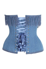 Daisy Corsets Top Drawer Steel Boned Blue Denim Underwire Underbust Corset Cincher w/Fringe