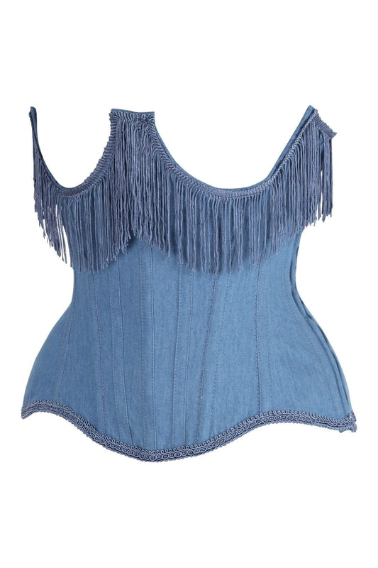 Daisy Corsets Top Drawer Steel Boned Blue Denim Underwire Underbust Corset Cincher w/Fringe