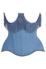Daisy Corsets Top Drawer Steel Boned Blue Denim Underwire Underbust Corset Cincher w/Fringe - Daisy Corsets - Flyclothing LLC
