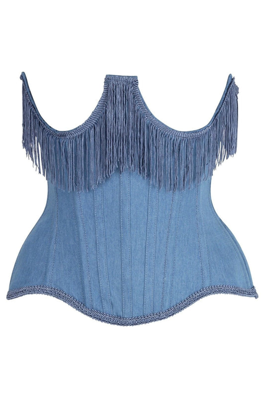Daisy Corsets Top Drawer Steel Boned Blue Denim Underwire Underbust Corset Cincher w/Fringe