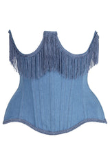 Daisy Corsets Top Drawer Steel Boned Blue Denim Underwire Underbust Corset Cincher w/Fringe