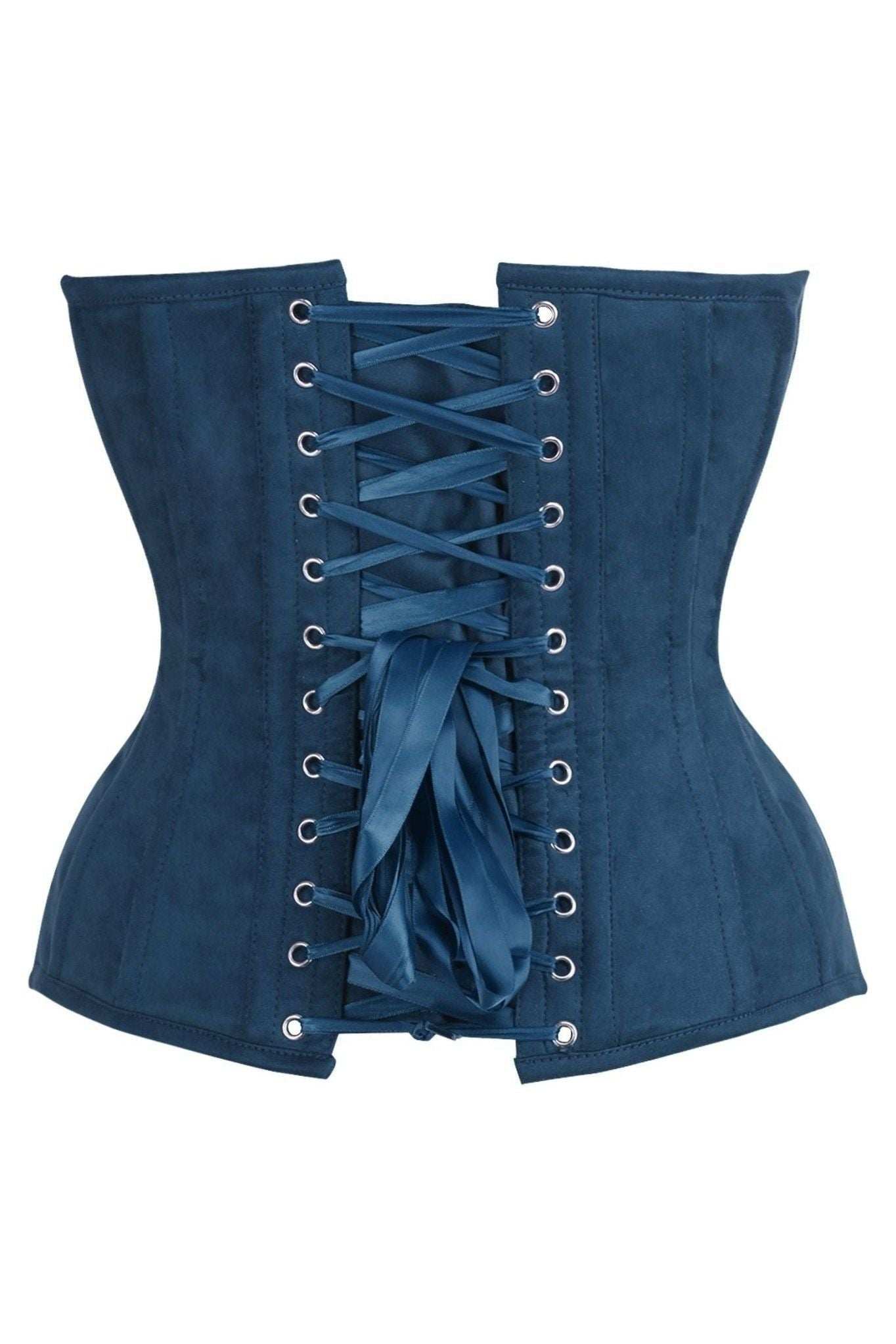 Daisy Corsets Top Drawer Steel Boned Blue Suede Deep Plunge Overbust Corset Top - Daisy Corsets - Flyclothing LLC