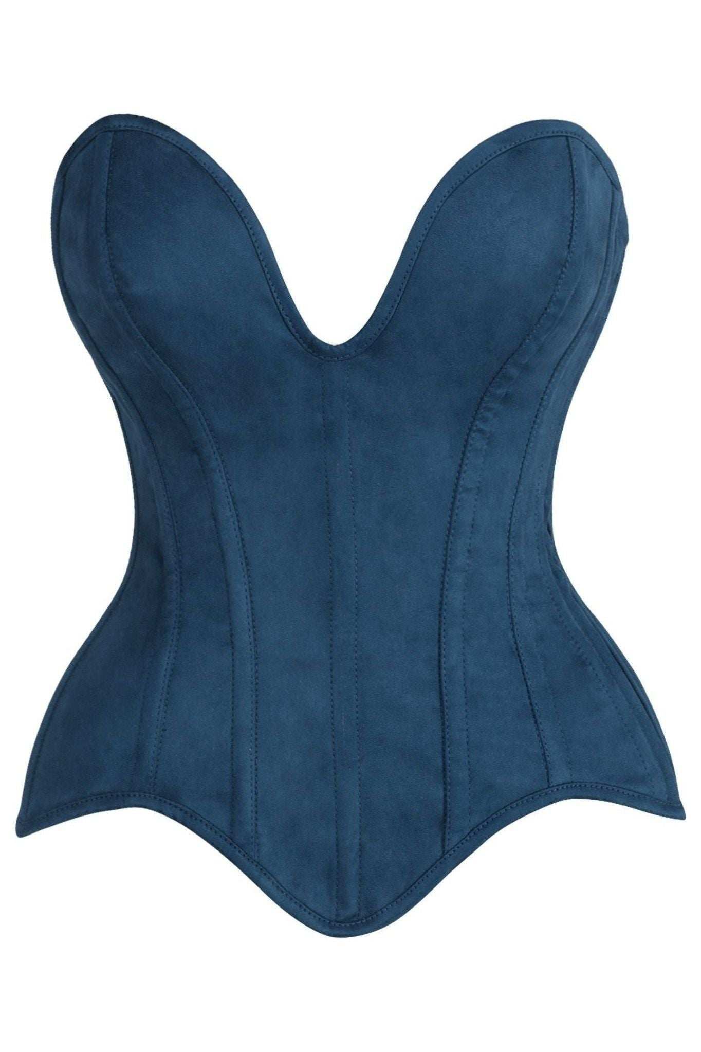 Daisy Corsets Top Drawer Steel Boned Blue Suede Deep Plunge Overbust Corset Top - Daisy Corsets - Flyclothing LLC