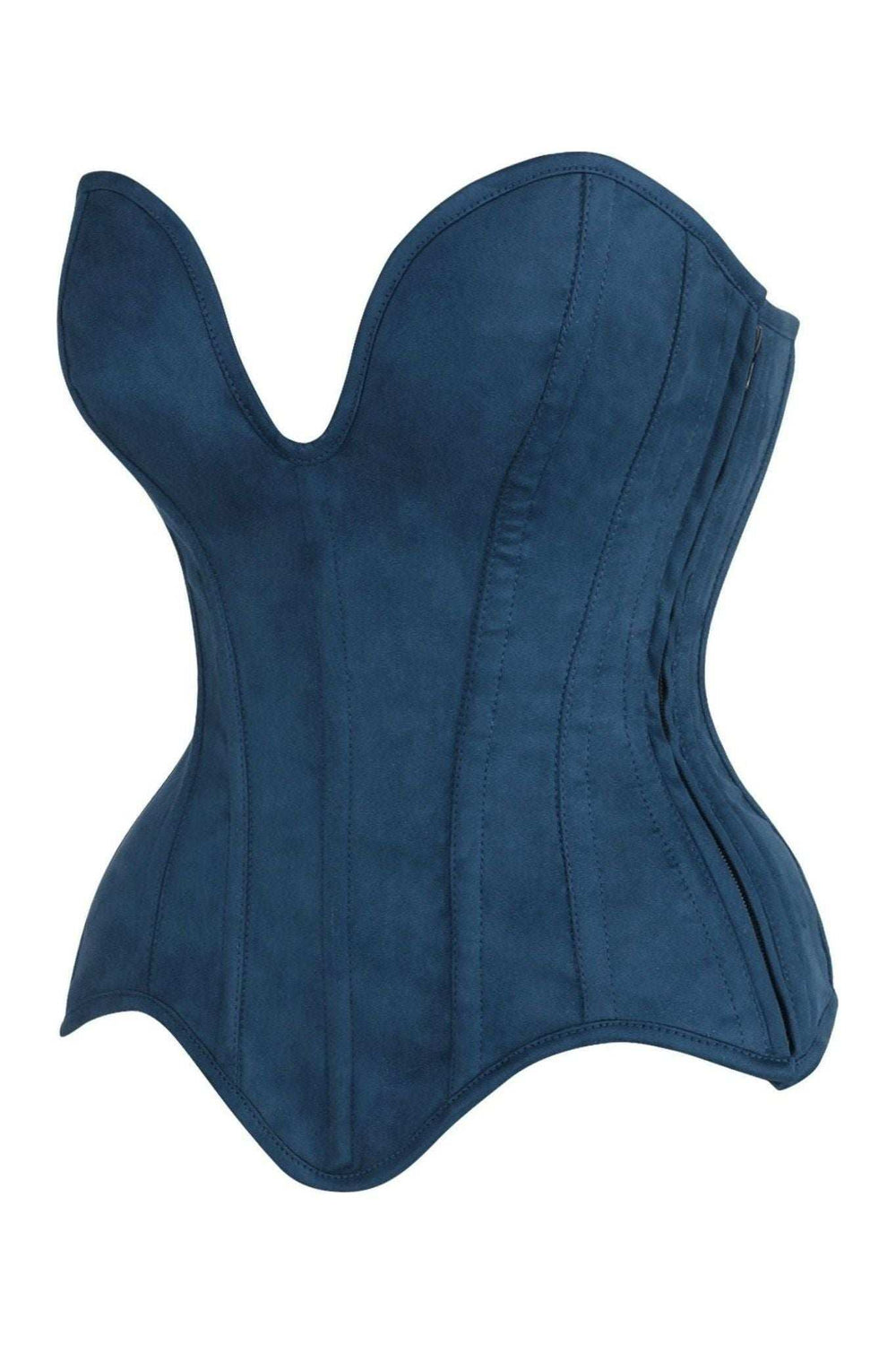 Daisy Corsets Top Drawer Steel Boned Blue Suede Deep Plunge Overbust Corset Top - Daisy Corsets - Flyclothing LLC