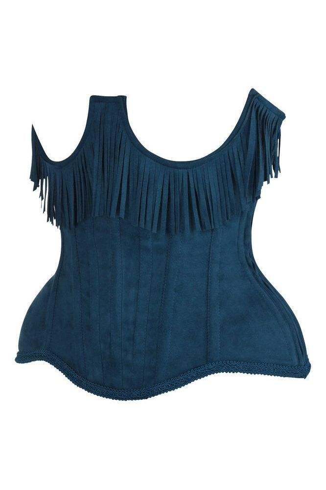 Daisy Corsets Top Drawer Steel Boned Blue Suede Underwire Underbust Corset Cincher w/Fringe - Daisy Corsets