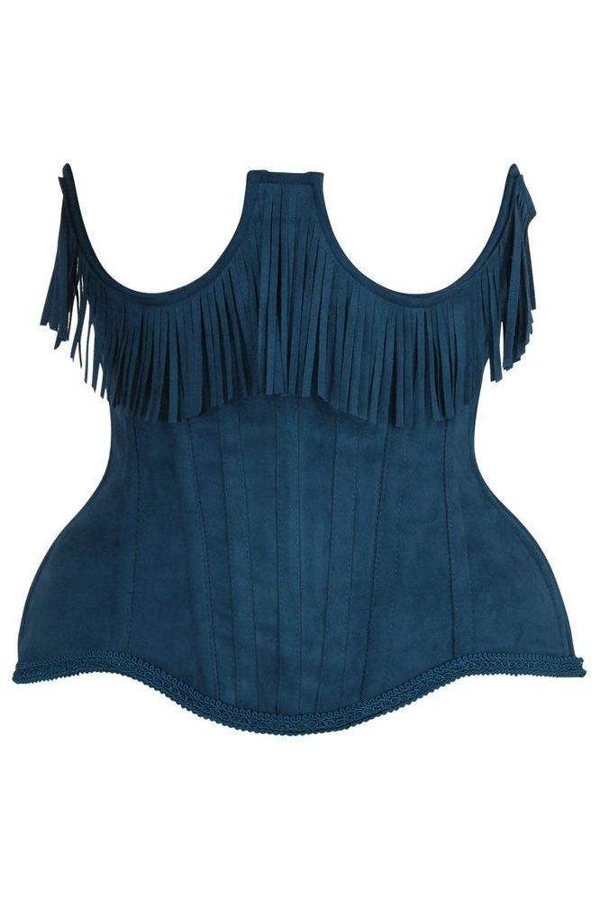 Daisy Corsets Top Drawer Steel Boned Blue Suede Underwire Underbust Corset Cincher w/Fringe - Daisy Corsets