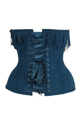 Daisy Corsets Top Drawer Steel Boned Blue Suede Underwire Underbust Corset Cincher w/Fringe - Daisy Corsets