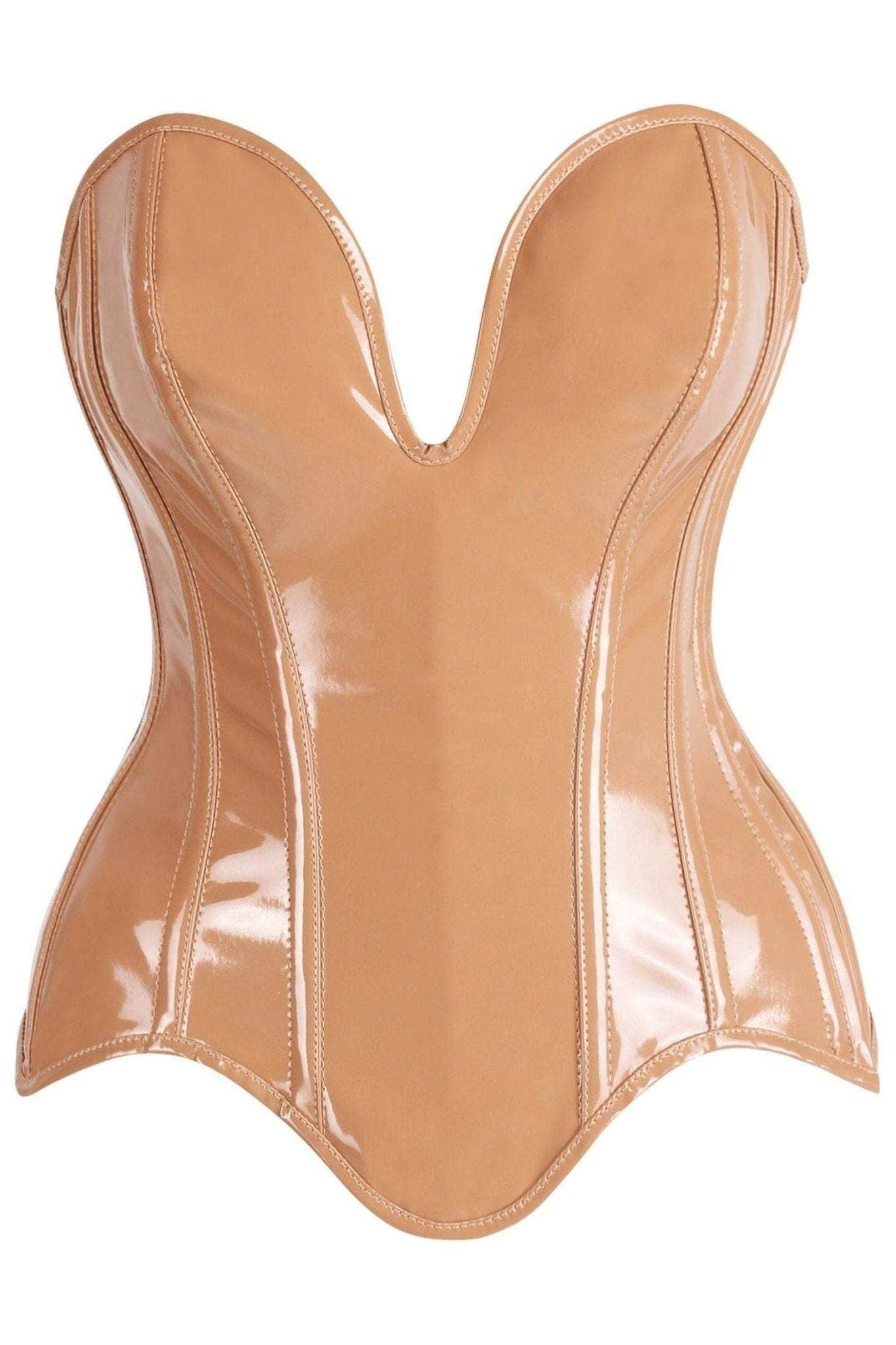 Daisy Corsets Top Drawer Steel Boned Caramel Patent Plunge Neckline Overbust Corset - Daisy Corsets - Flyclothing LLC