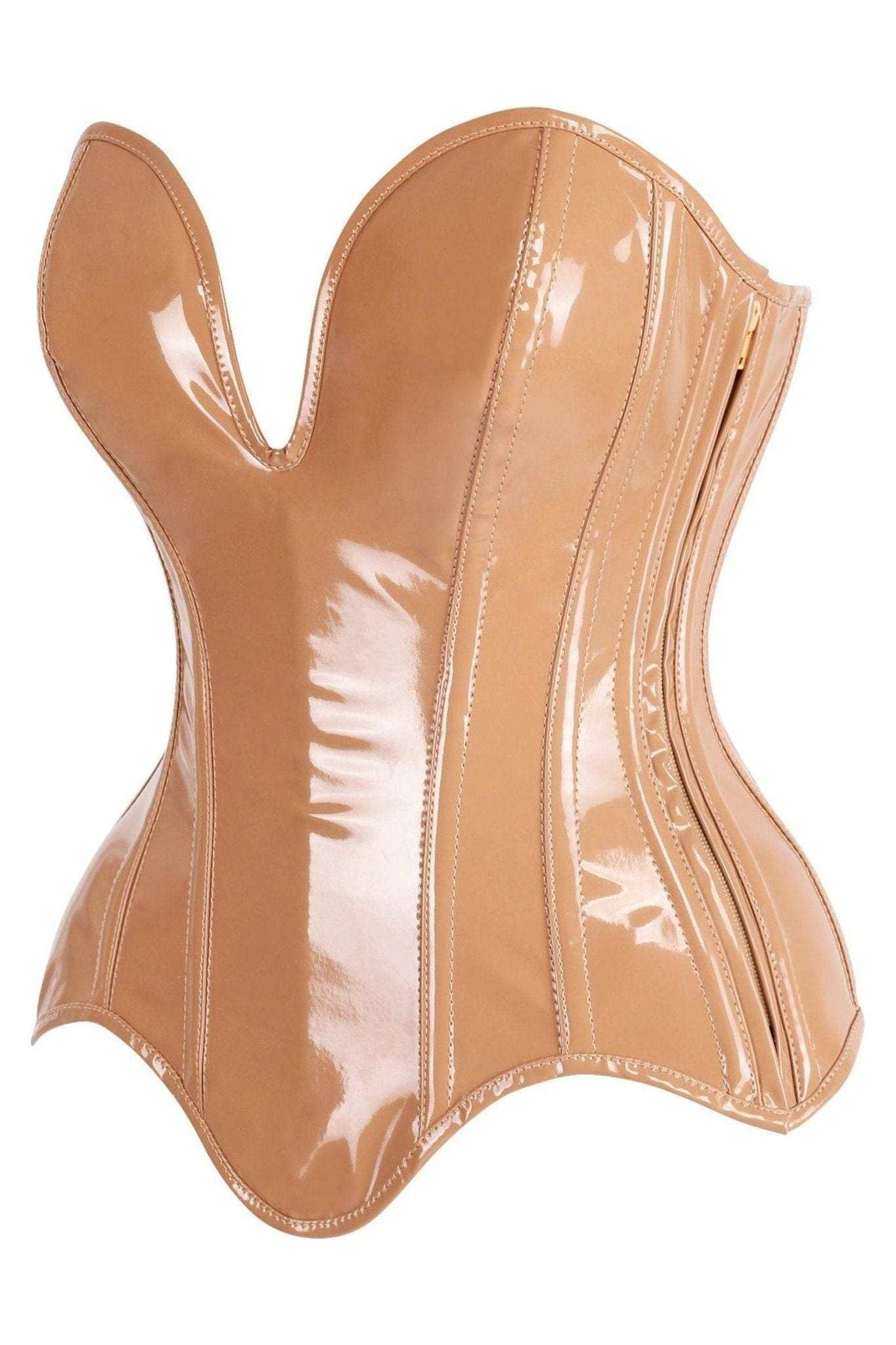 Daisy Corsets Top Drawer Steel Boned Caramel Patent Plunge Neckline Overbust Corset - Daisy Corsets - Flyclothing LLC