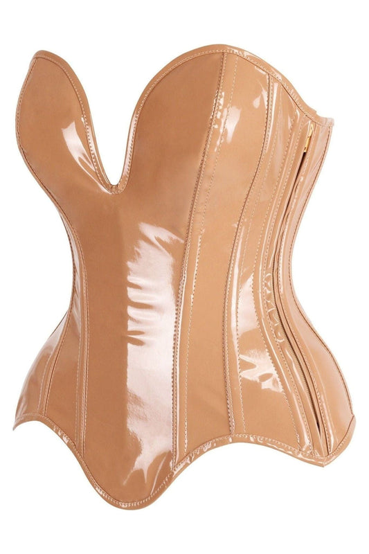Daisy Corsets Top Drawer Steel Boned Caramel Patent Plunge Neckline Overbust Corset
