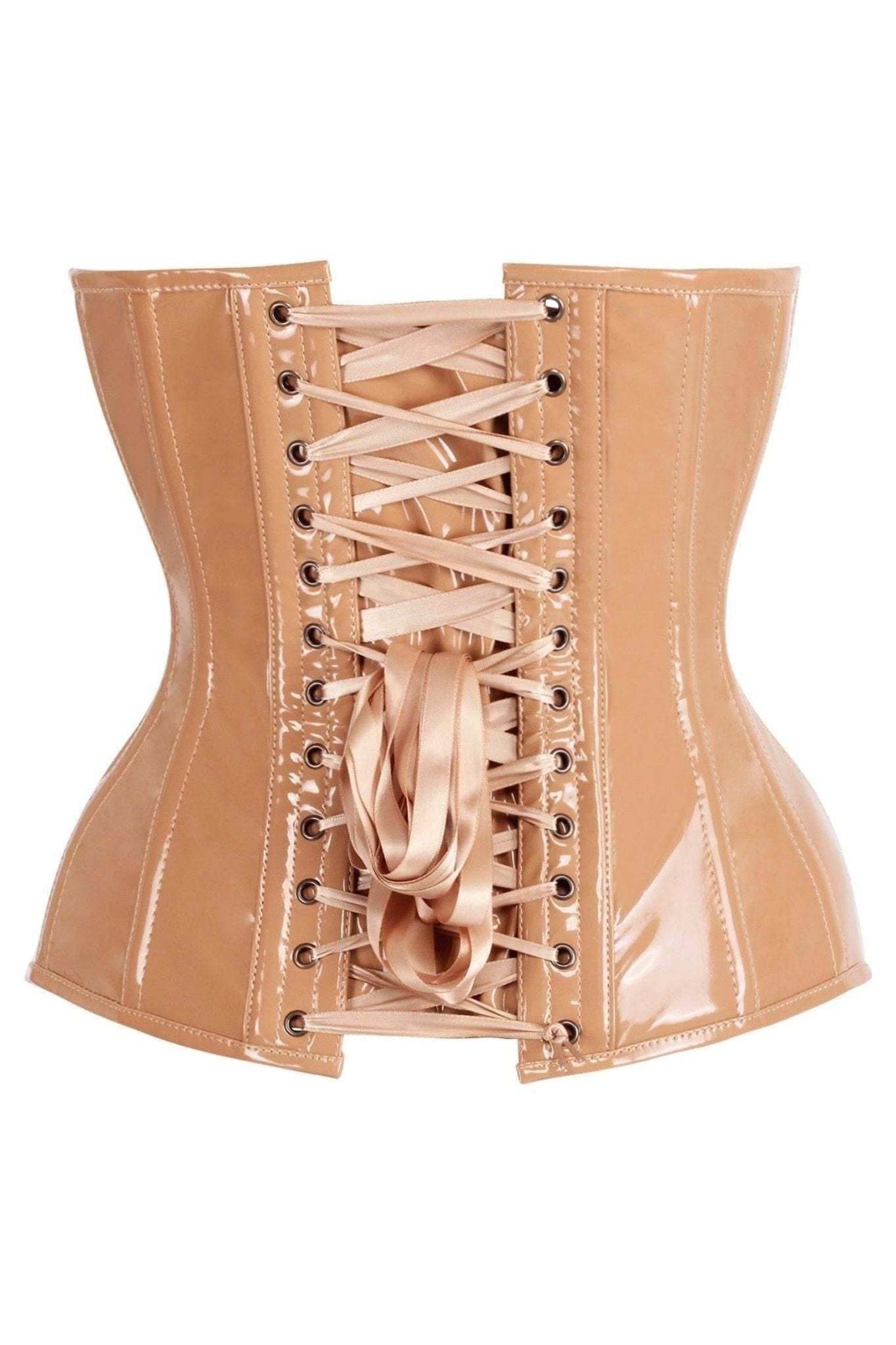 Daisy Corsets Top Drawer Steel Boned Caramel Patent Plunge Neckline Overbust Corset - Daisy Corsets - Flyclothing LLC