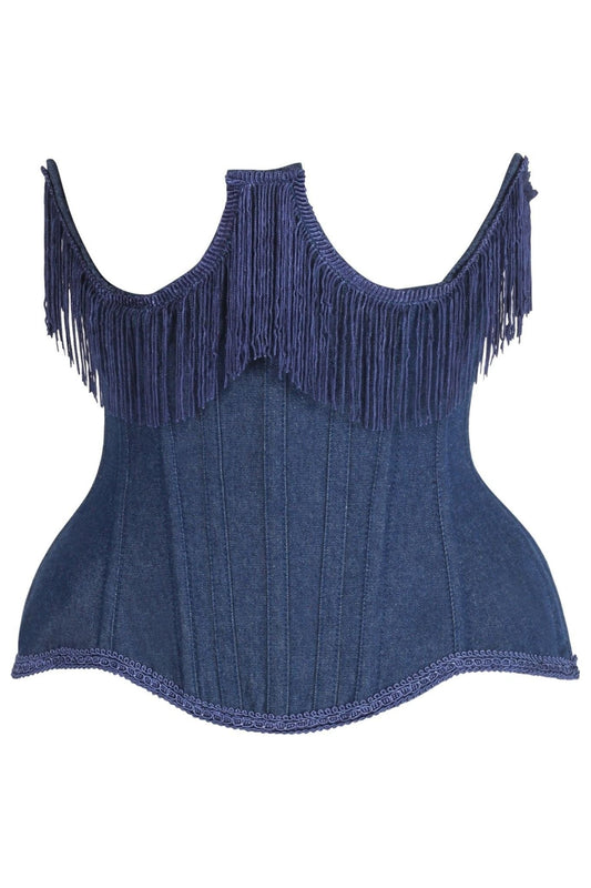 Daisy Corsets Top Drawer Steel Boned Dark Blue Denim Underwire Underbust Corset Cincher w/Fringe