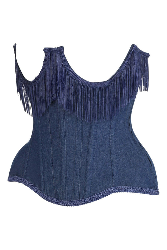 Daisy Corsets Top Drawer Steel Boned Dark Blue Denim Underwire Underbust Corset Cincher w/Fringe