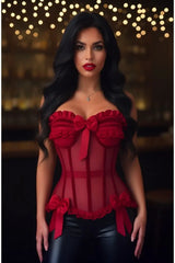 Top Drawer Steel Boned Dark Red Mesh & Velvet Underwire Bustier Corset - Daisy Corsets - Flyclothing LLC