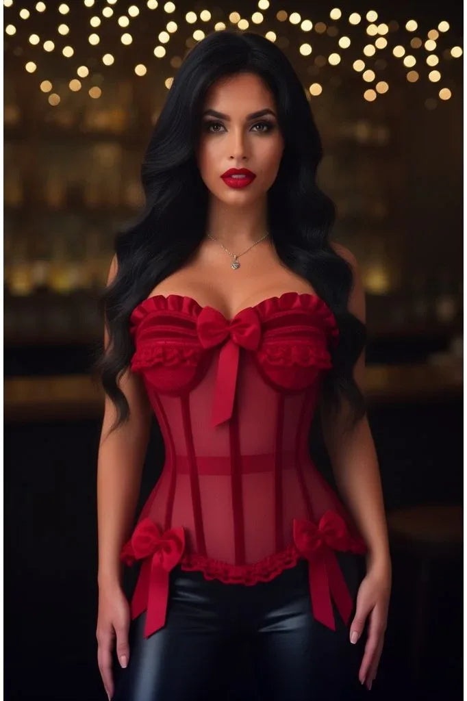 Top Drawer Steel Boned Dark Red Mesh & Velvet Underwire Bustier Corset - Daisy Corsets - Flyclothing LLC