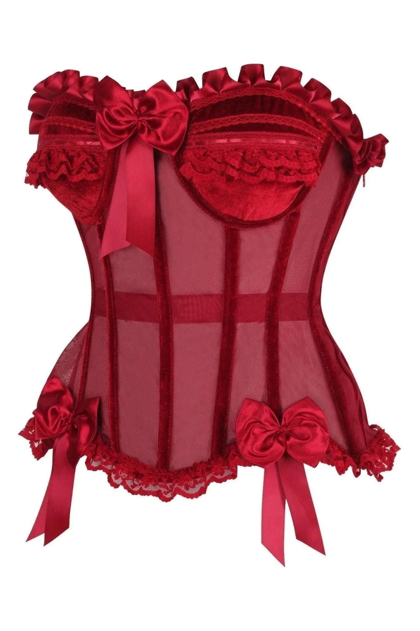 Top Drawer Steel Boned Dark Red Mesh & Velvet Underwire Bustier Corset - Daisy Corsets - Flyclothing LLC