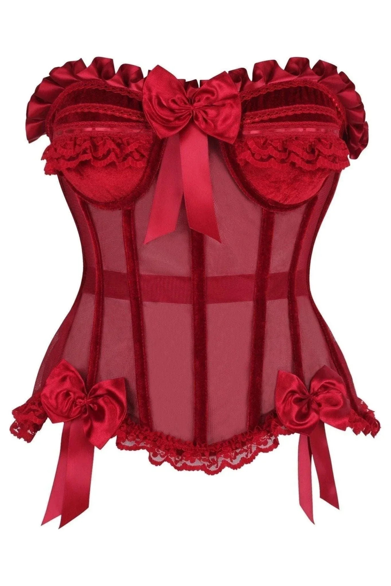 Top Drawer Steel Boned Dark Red Mesh & Velvet Underwire Bustier Corset - Daisy Corsets - Flyclothing LLC