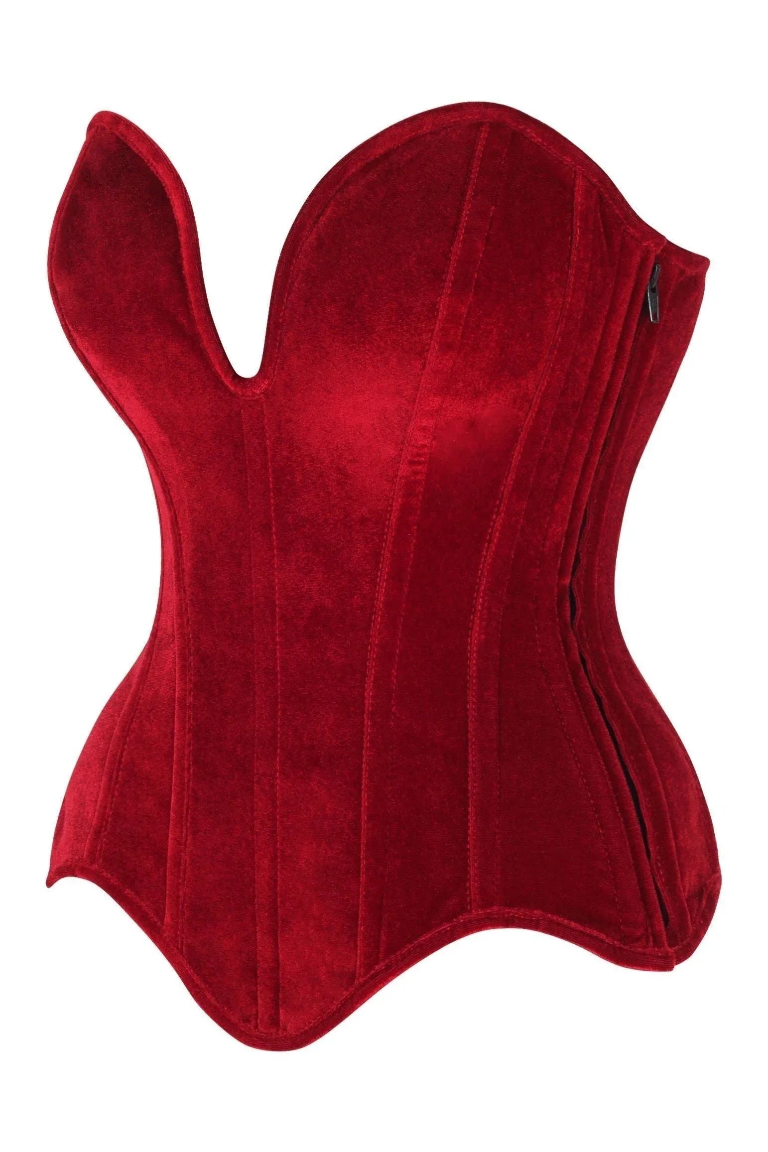 Top Drawer Steel Boned Dark Red Velvet Plunge Neckline Overbust Corset - Daisy Corsets - Flyclothing LLC