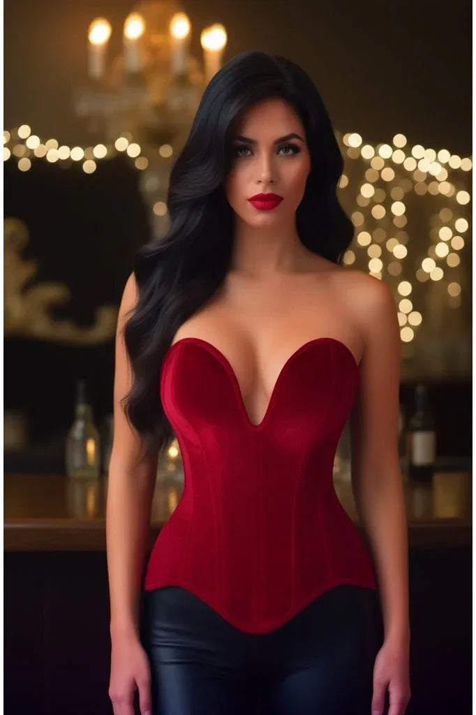 Top Drawer Steel Boned Dark Red Velvet Plunge Neckline Overbust Corset - Daisy Corsets - Flyclothing LLC