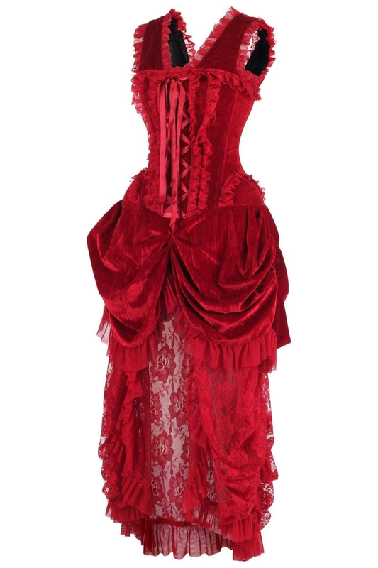 Daisy Corsets Top Drawer Steel Boned Dark Red Velvet Victorian Bustle Corset Dress