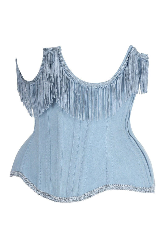 Daisy Corsets Top Drawer Steel Boned Light Blue Denim Underwire Underbust Corset Cincher w/Fringe