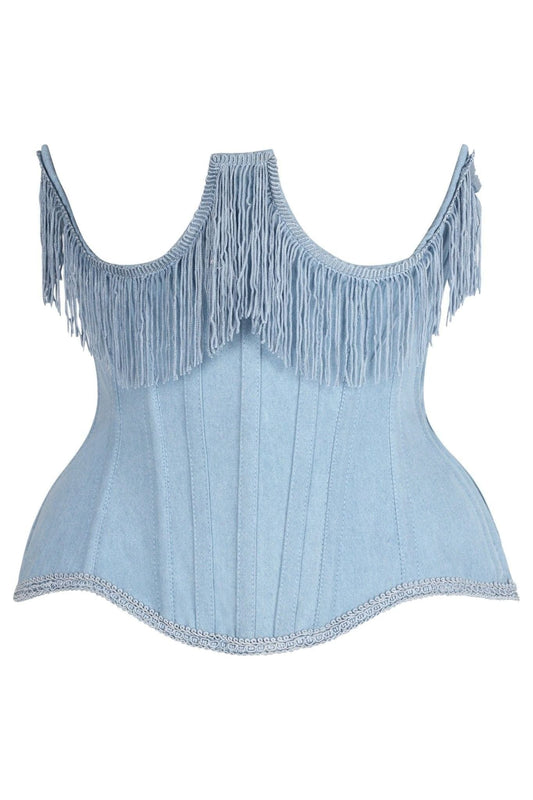Daisy Corsets Top Drawer Steel Boned Light Blue Denim Underwire Underbust Corset Cincher w/Fringe