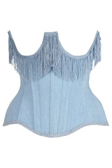 Daisy Corsets Top Drawer Steel Boned Light Blue Denim Underwire Underbust Corset Cincher w/Fringe