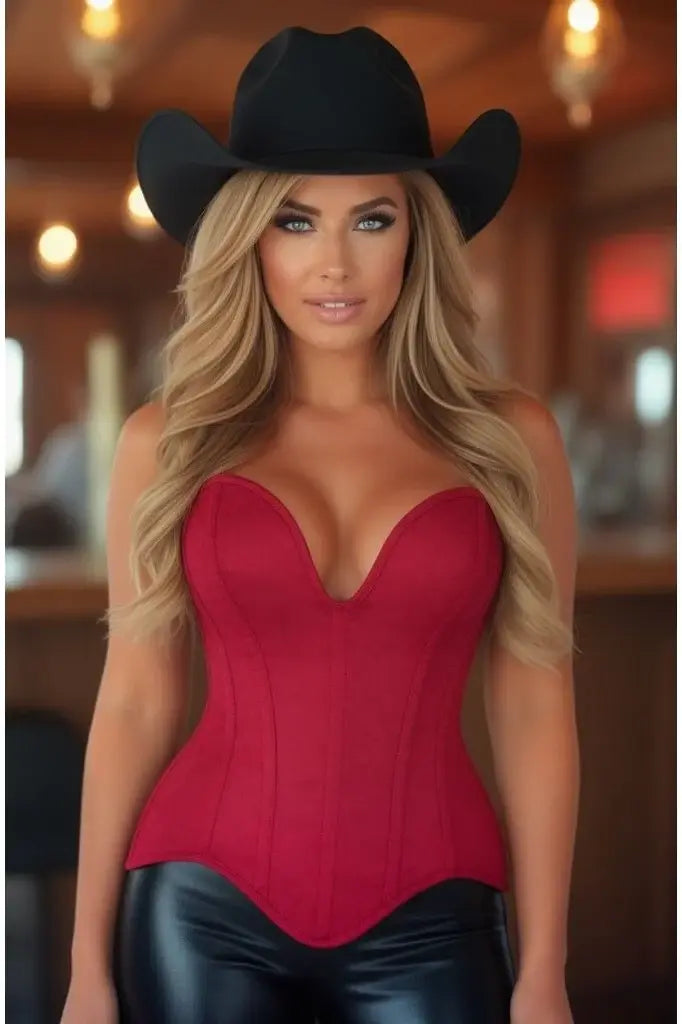 Top Drawer Steel Boned Red Suede Deep Plunge Overbust Corset Top - Daisy Corsets - Flyclothing LLC