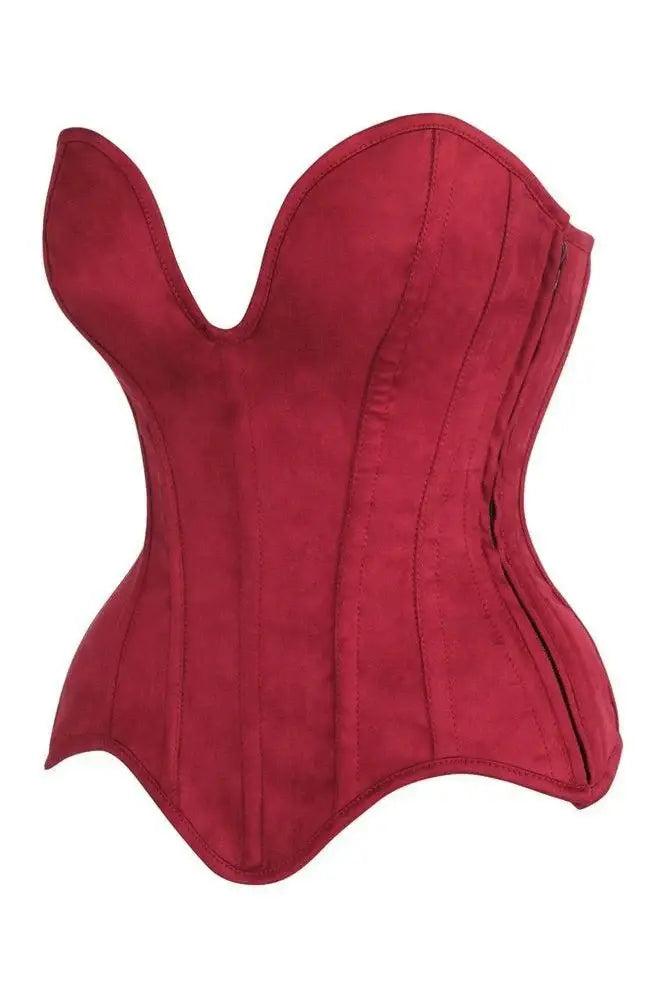 Top Drawer Steel Boned Red Suede Deep Plunge Overbust Corset Top - Daisy Corsets - Flyclothing LLC