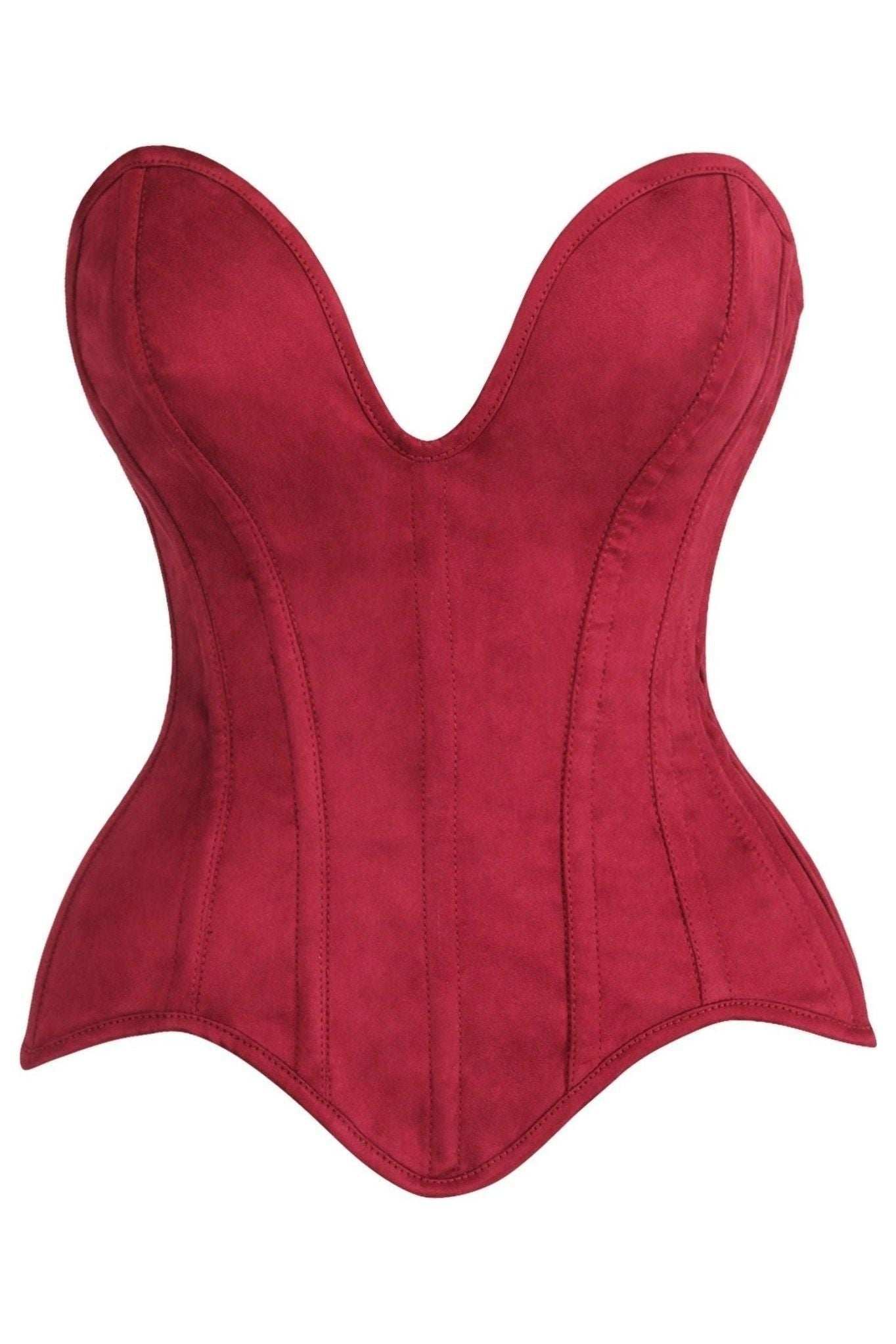 Daisy Corsets Top Drawer Steel Boned Red Suede Deep Plunge Overbust Corset Top - Daisy Corsets - Flyclothing LLC